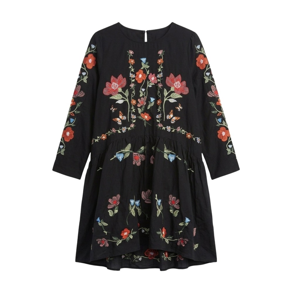 Zara Floral Embroidered Dress Women XS Black Butterfly Babydoll 3440/252/800